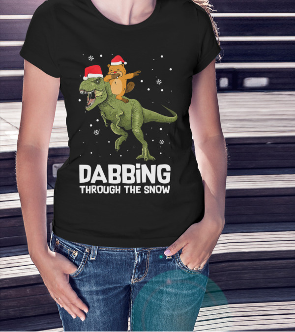 Beaver Dabbing On Dinosaur Wearing Santa Hats Dabbing Through The Snow T-Shirt