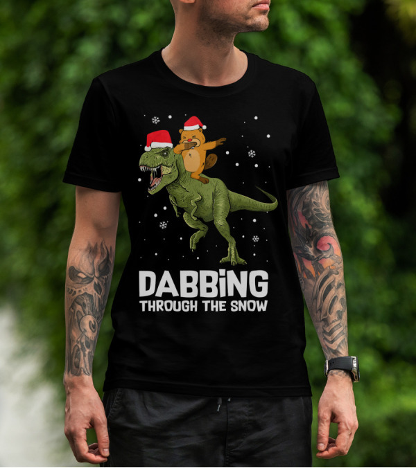 Beaver Dabbing On Dinosaur Wearing Santa Hats Dabbing Through The Snow T-Shirt