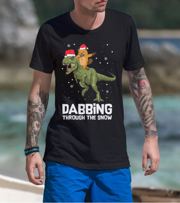 Beaver Dabbing On Dinosaur Wearing Santa Hats Dabbing Through The Snow T-Shirt
