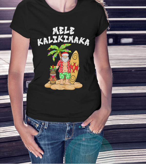 Mele Kalikimaka Santa With Surfboard And Tropical Tiki Palm Tree T-Shirt