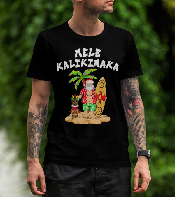 Mele Kalikimaka Santa With Surfboard And Tropical Tiki Palm Tree T-Shirt