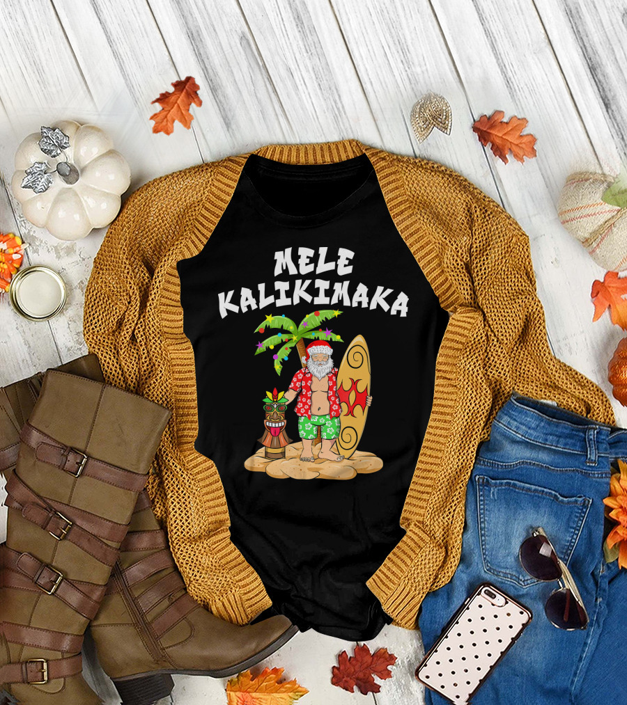 Mele Kalikimaka Santa with Surfboard and Tropical Tiki Palm Tree T-Shirt