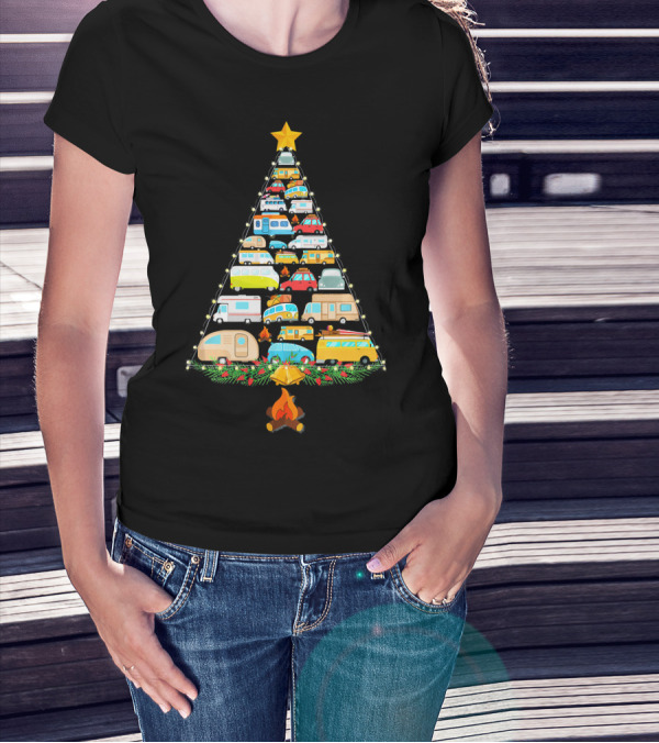 Christmas Tree Made Of Colorful Camping Vehicles With Star And Campfire T-Shirt