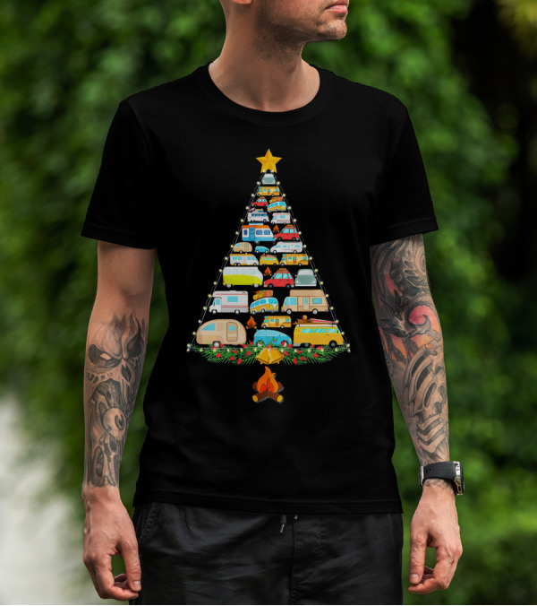 Christmas Tree Made Of Colorful Camping Vehicles With Star And Campfire T-Shirt