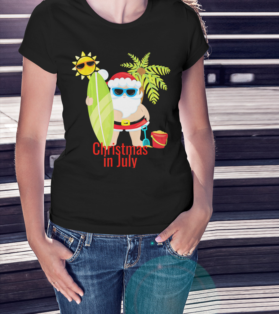 Christmas In July Beach Santa Surfer Sunny Holiday Fun T-Shirt