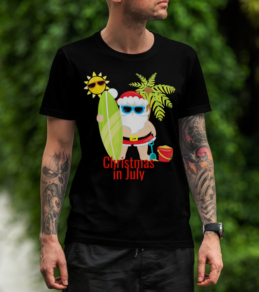 Christmas In July Beach Santa Surfer Sunny Holiday Fun T-Shirt