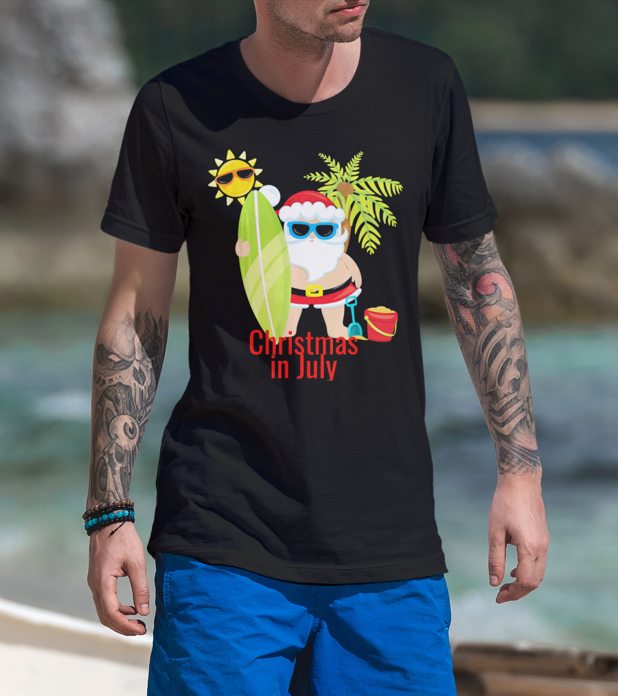 Christmas In July Beach Santa Surfer Sunny Holiday Fun T-Shirt