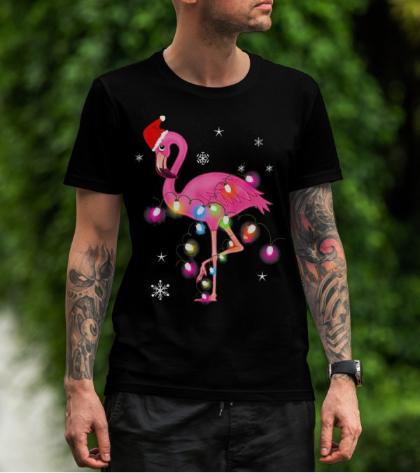 Pink Flamingo Christmas Lights And Santa Hat T-Shirt