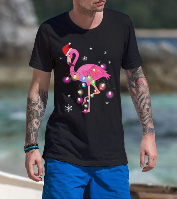Pink Flamingo Christmas Lights And Santa Hat T-Shirt