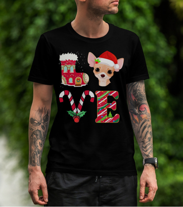 I Love My Chihuahua Christmas Theme With Santa Hat And Holiday Decorations T-Shirt