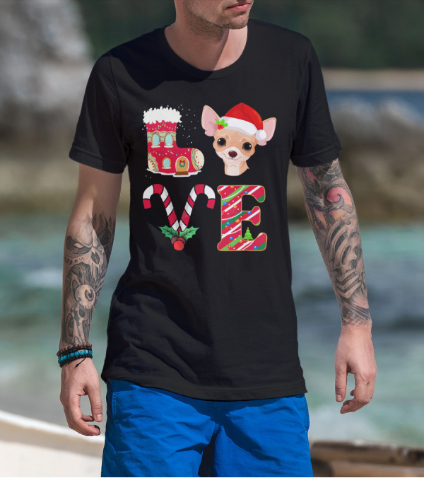 I Love My Chihuahua Christmas Theme With Santa Hat And Holiday Decorations T-Shirt