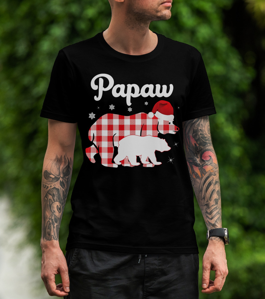 Papaw Red Plaid Bear Santa Hat Snowflakes Matching Family Pajama T-Shirt