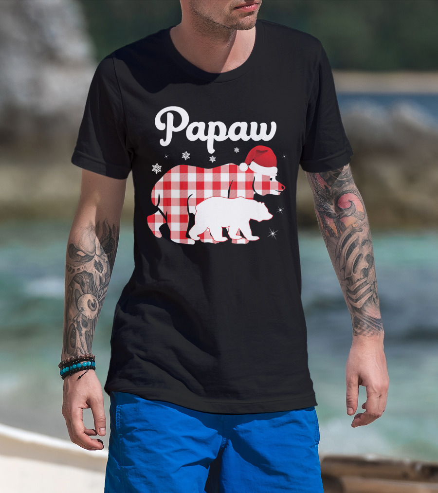 Papaw Red Plaid Bear Santa Hat Snowflakes Matching Family Pajama T-Shirt