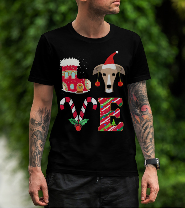 I Love My Greyhound Christmas Love Gingerbread Stocking Santa Hat Candy Cane Ornaments T-Shirt