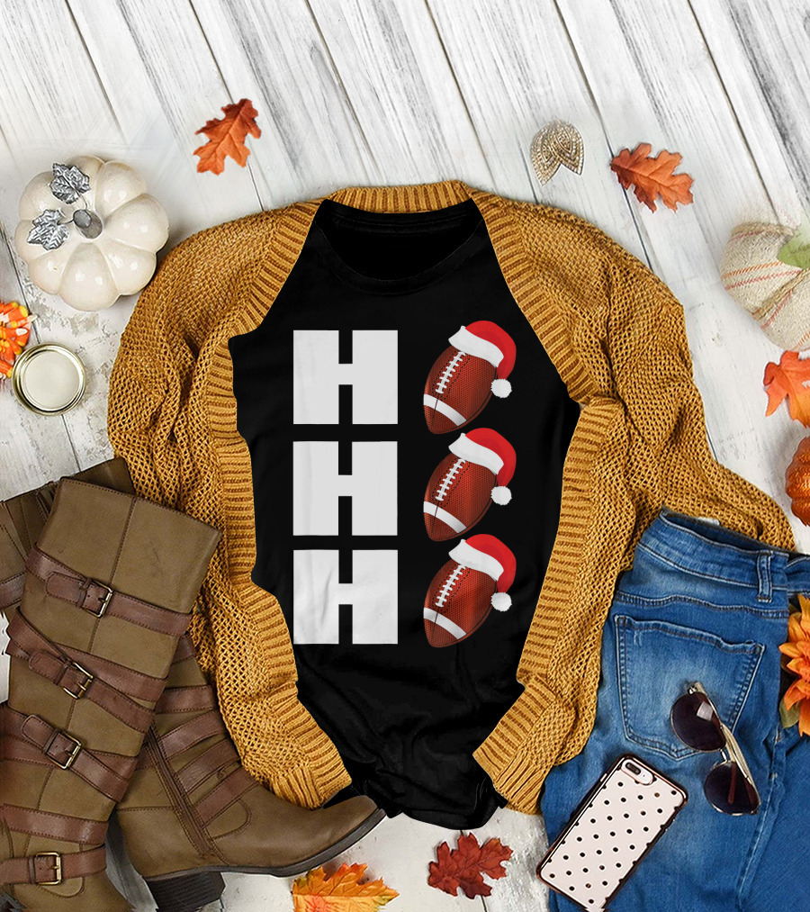 HO HO HO Santa Hat Football Christmas Humor T-Shirt