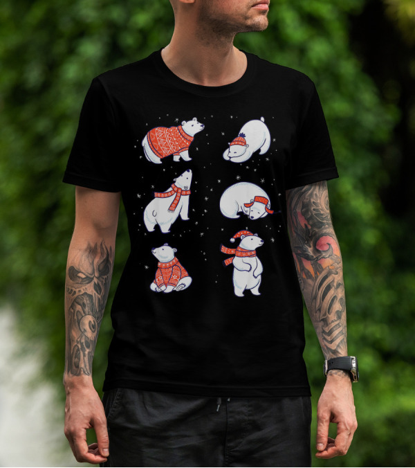 Cute Hand Drawn Polar Bear In Festive Red Sweaters And Scarves T-Shirt