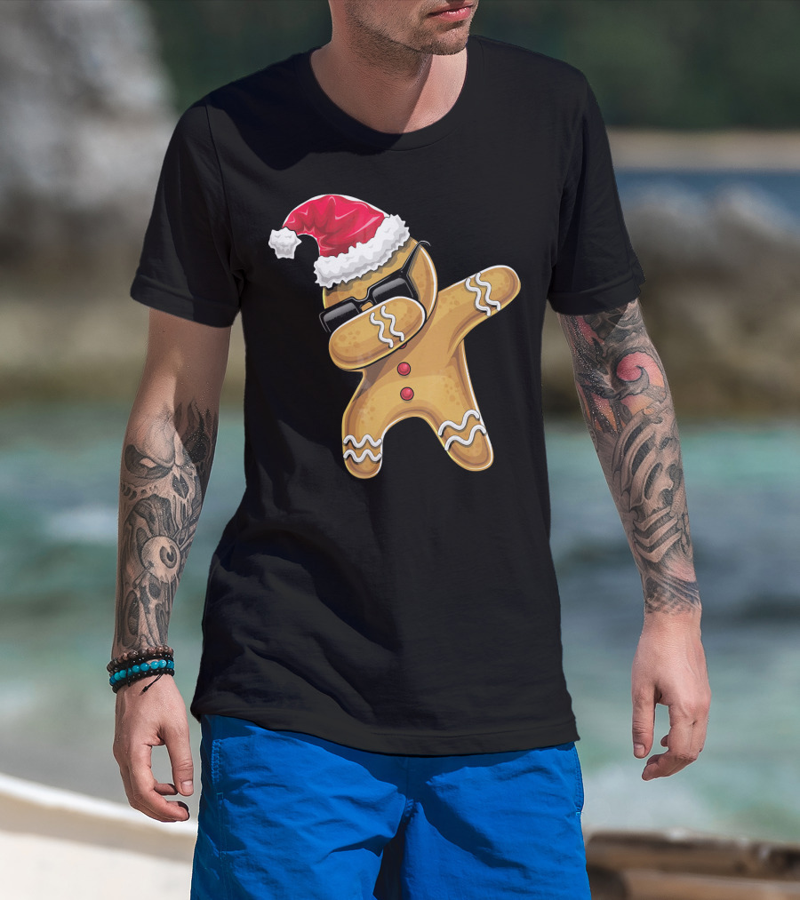 Santa Hat Dabbing Gingerbread Man Holiday Baking T-Shirt