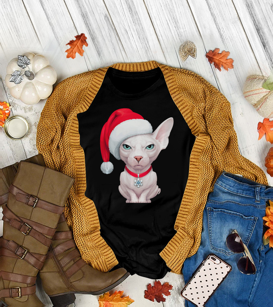 Sphynx Cat Santa Hat Christmas Holiday Festive Pet Charm T-Shirt