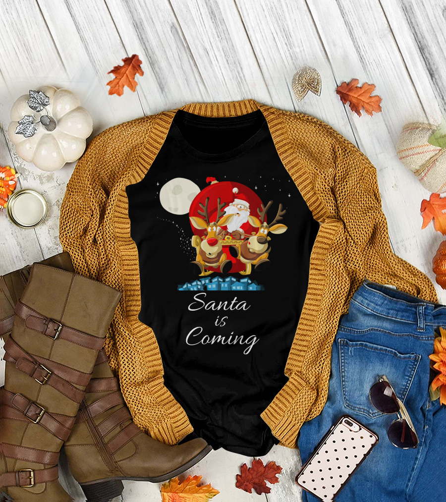 Santa Is Coming with Reindeer Sleigh Under the Moonlight T-Shirt