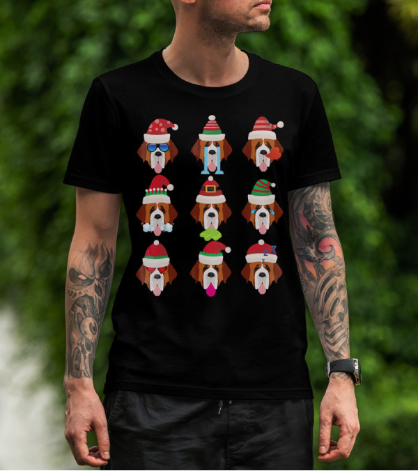 SAINT BERNARD Dog Faces Santa Hat Christmas Expressions T-Shirt