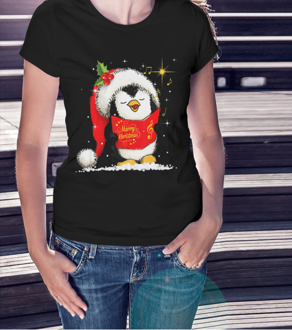 Tee89s Penguin Merry Christmas Song With Santa Hat And Music Notes T-Shirt