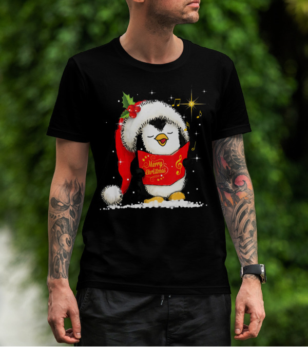 Tee89s Penguin Merry Christmas Song With Santa Hat And Music Notes T-Shirt
