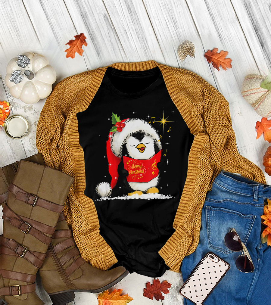 Tee89s Penguin Merry Christmas Song with Santa Hat and Music Notes T-Shirt