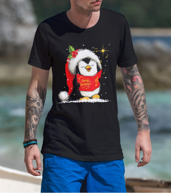 Tee89s Penguin Merry Christmas Song With Santa Hat And Music Notes T-Shirt