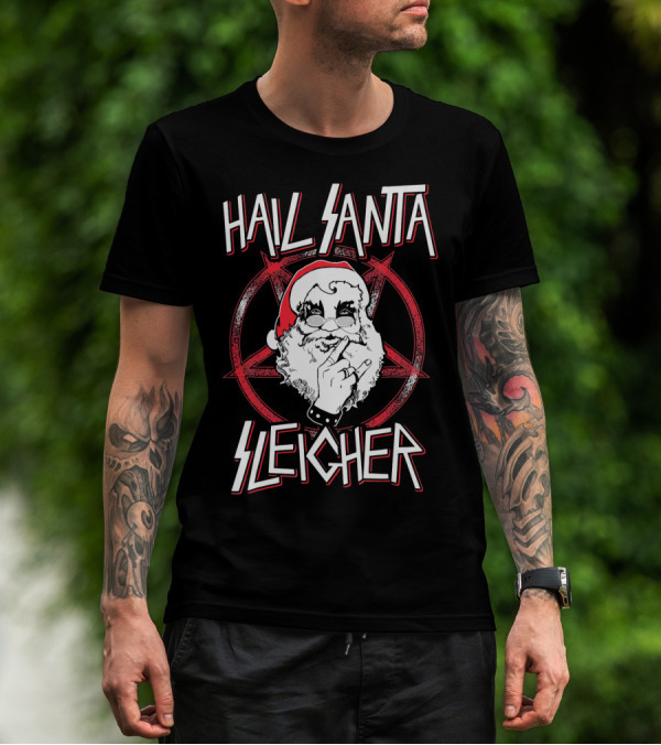 Hail Santa Sleigher Funny Christmas Santa Rock Metal Holiday T-Shirt