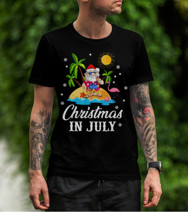 Christmas In July Flamingo Santa On Tropical Island With Palm Trees And Sun T-Shirt