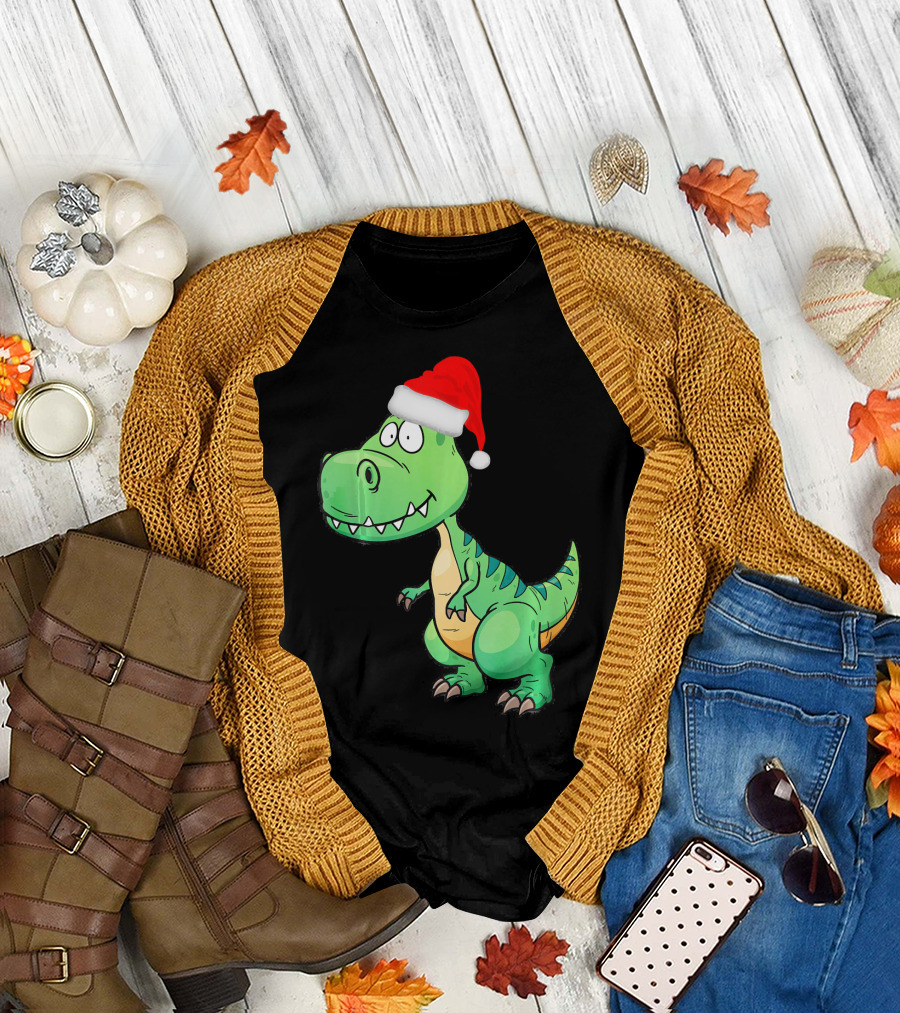Santa Dinosaur Christmas T-Rex with Santa Hat T-Shirt