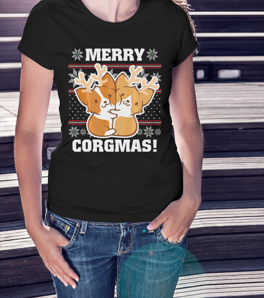 Merry Corgmas Ugly Christmas Sweater With Cute Corgis And Reindeer Antlers T-Shirt