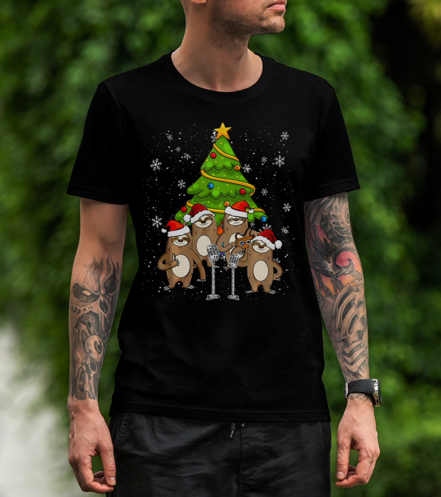 Santa Sloths Singing Festive Cheer Around Christmas Tree T-Shirt