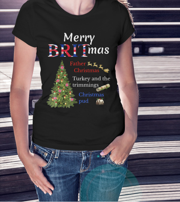 Merry Britmas Father Christmas Turkey And Trimmings Christmas Pud T-Shirt