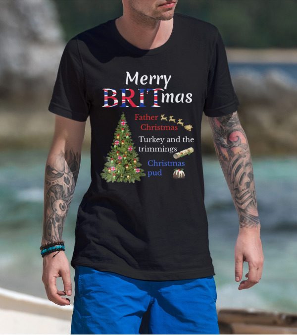 Merry Britmas Father Christmas Turkey And Trimmings Christmas Pud T-Shirt