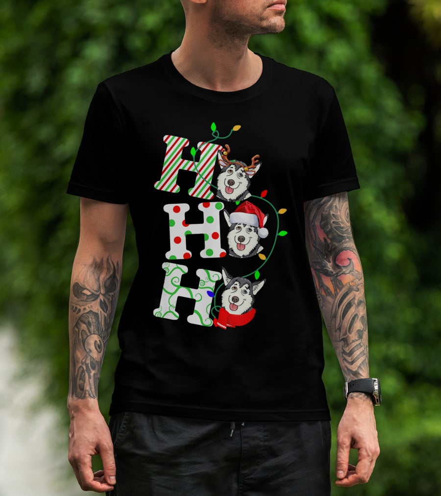 Ho Ho Ho Husky Santa Hat Reindeer Antlers Christmas Lights T-Shirt
