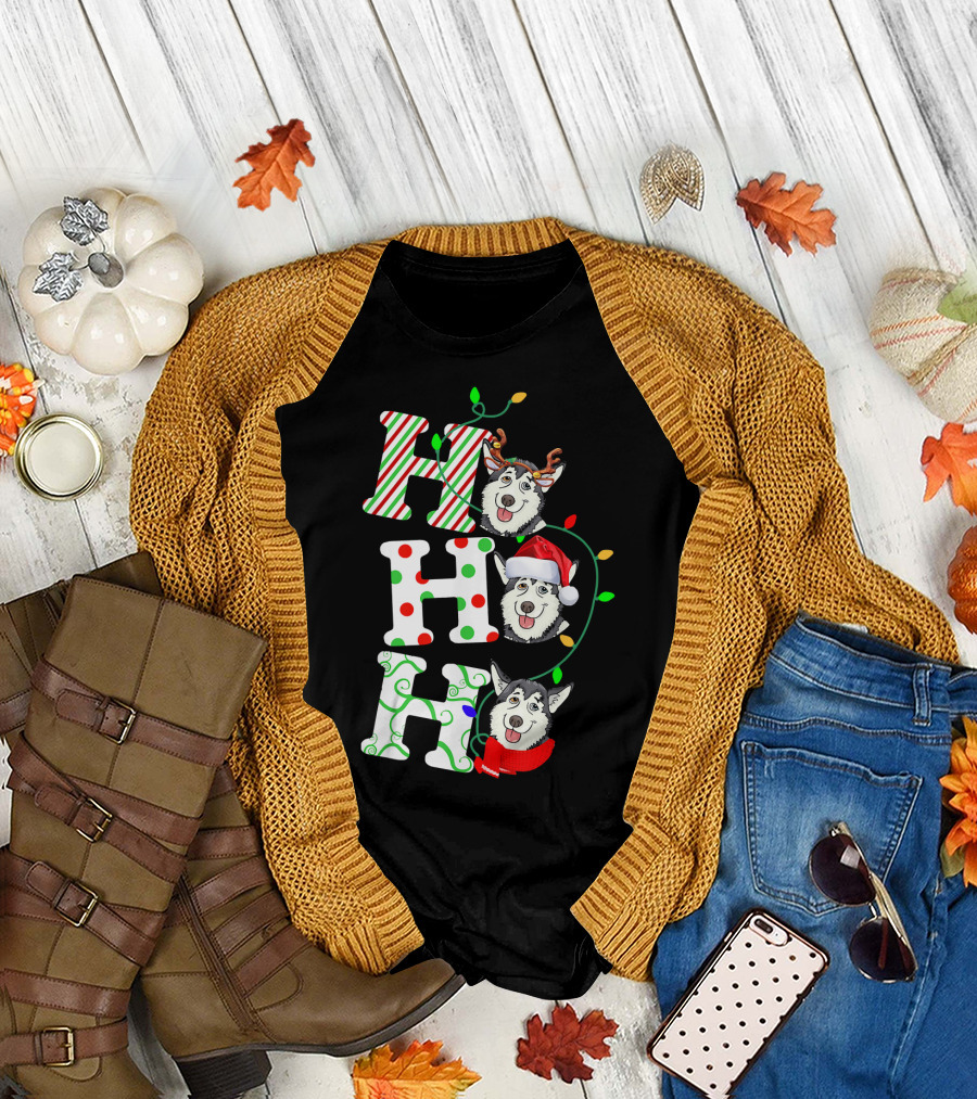Ho Ho Ho Husky Santa Hat Reindeer Antlers Christmas Lights T-Shirt