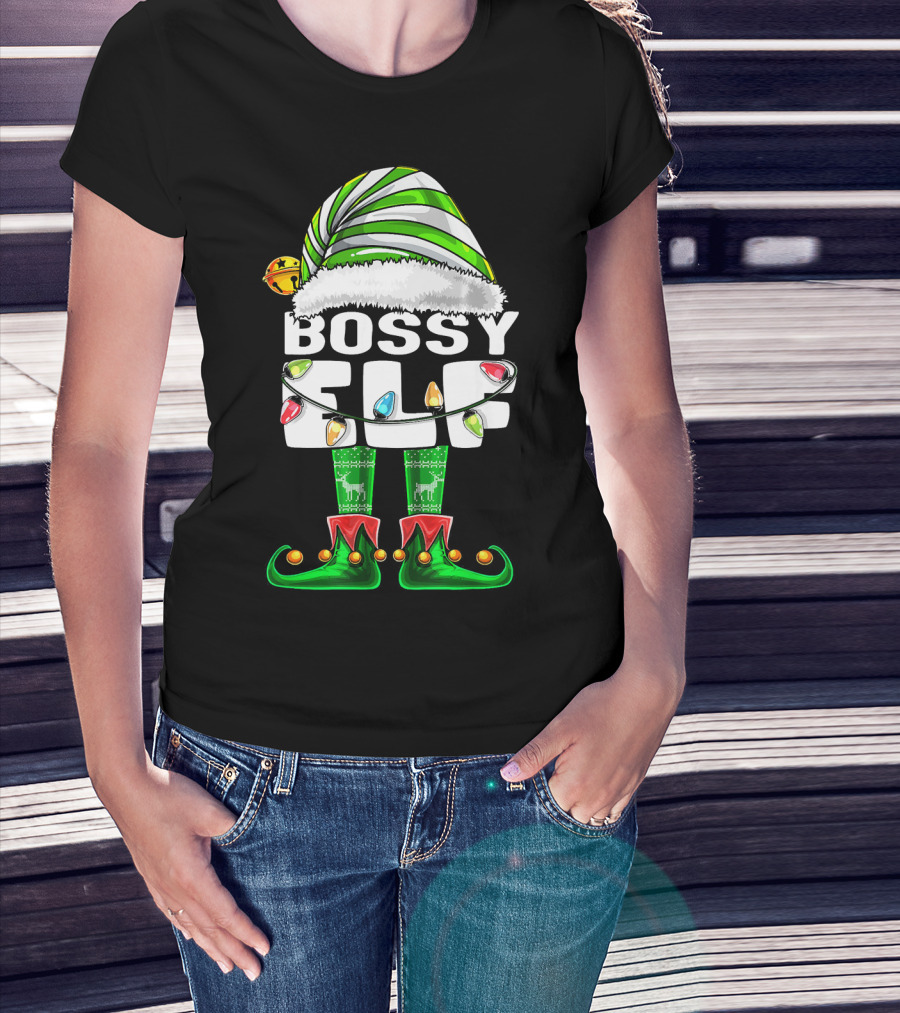 Bossy Elf Christmas Family Matching With Hat And Lights T-Shirt