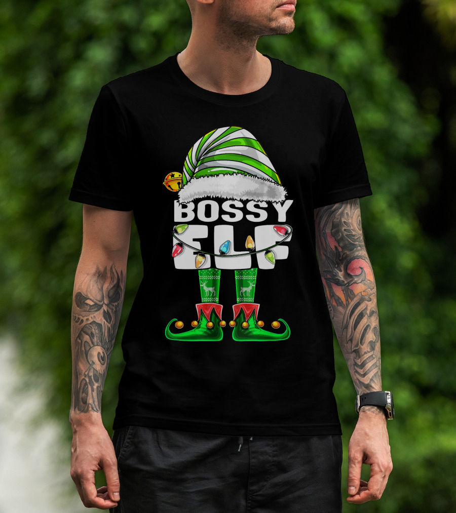 Bossy Elf Christmas Family Matching With Hat And Lights T-Shirt