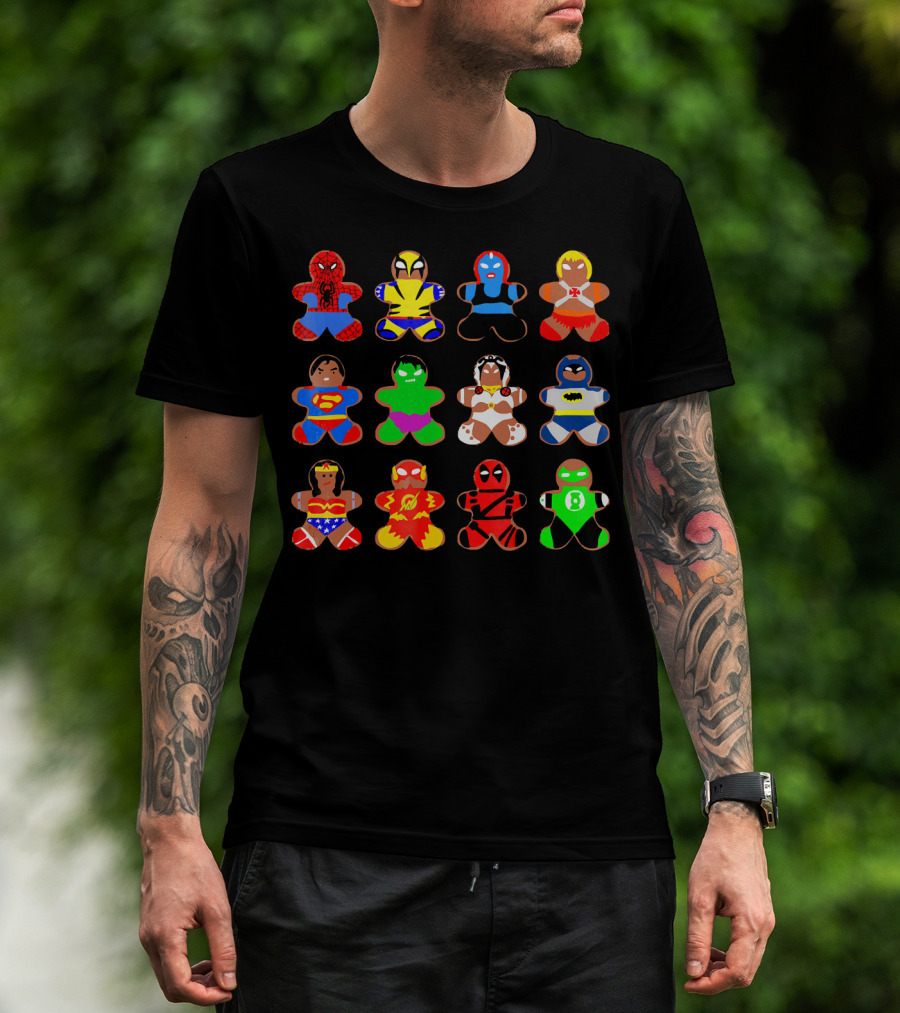 Superhero Gingerbread Man Spider-Man Wolverine Mystique Iron Man Superman Hulk Wonder Woman Flash Deadpool Batman Green Lantern T-Shirt