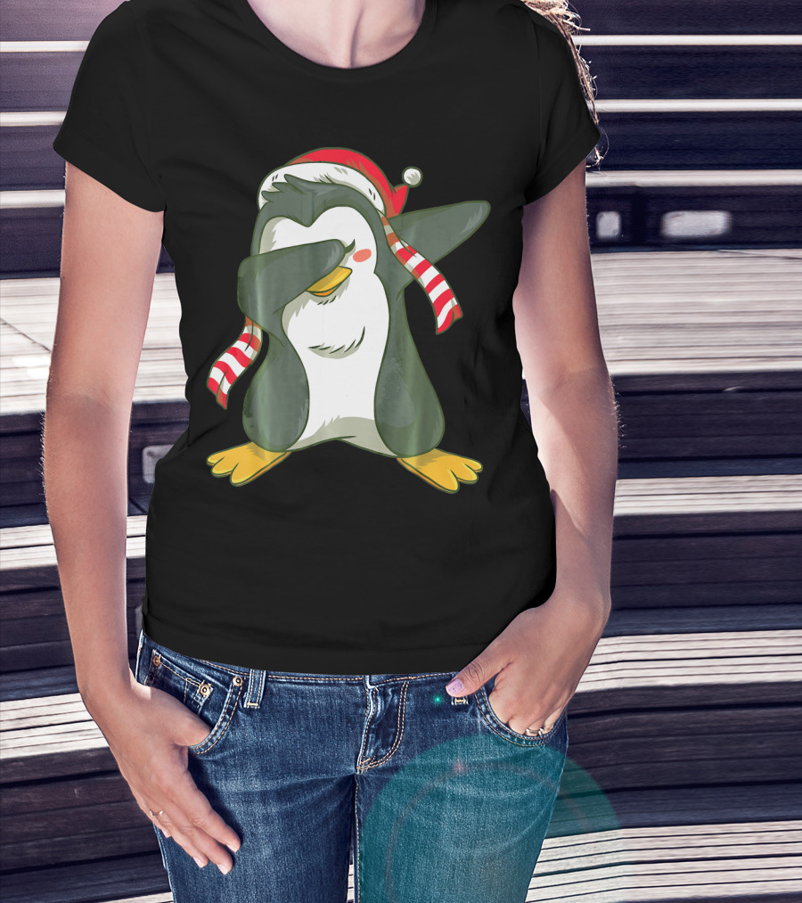 Dabbing Penguin In Santa Hat With Striped Scarf T-Shirt