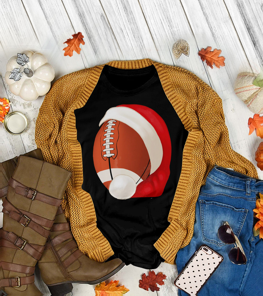 American Football Santa Hat Christmas T-Shirt