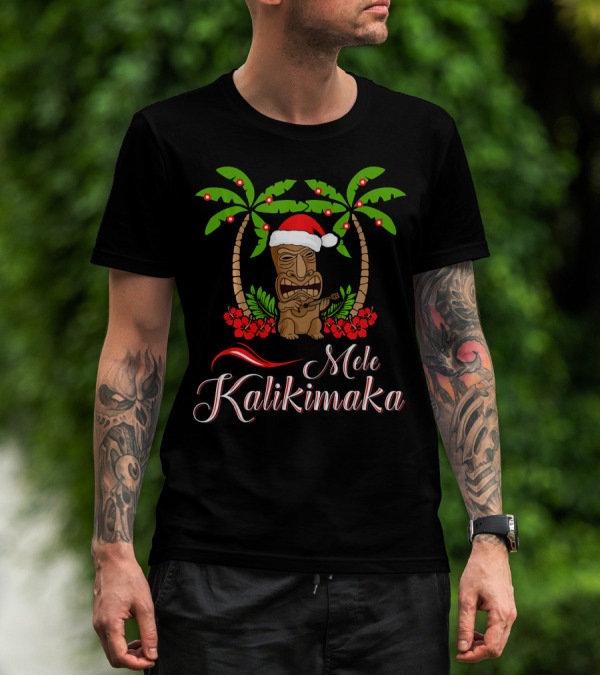 Mele Kalikimaka Tiki Santa With Palm Trees And Ukulele T-Shirt