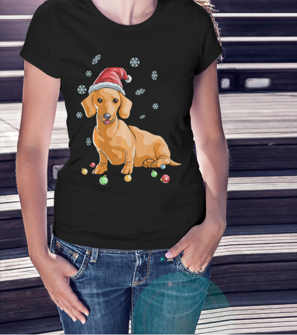 Wiener Dog Dachshund Puppy Santa Hat Snowflakes Holiday T-Shirt