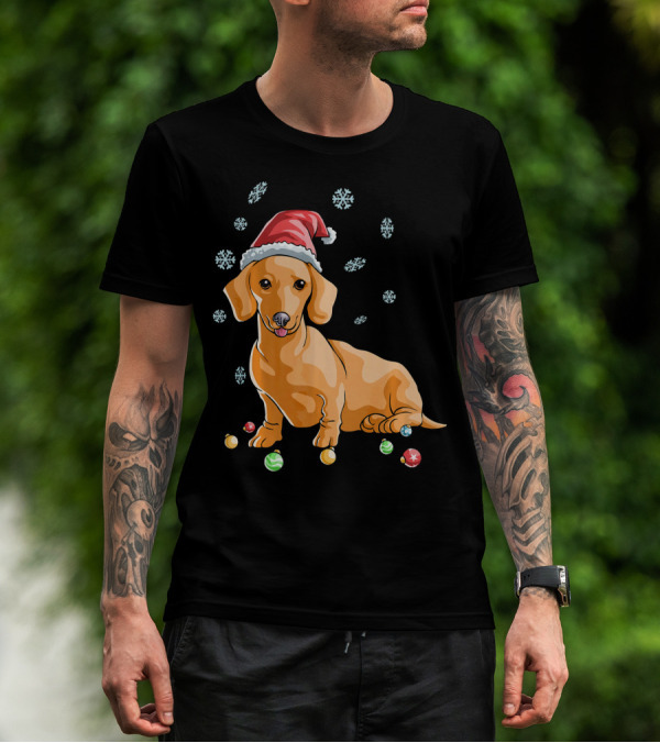 Wiener Dog Dachshund Puppy Santa Hat Snowflakes Holiday T-Shirt