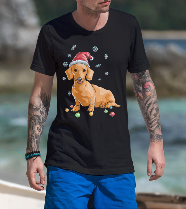 Wiener Dog Dachshund Puppy Santa Hat Snowflakes Holiday T-Shirt