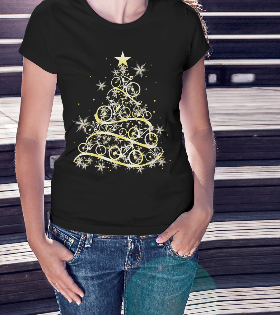 Bicycle Tree Christmas Biker Bike Festive Holiday Star T-Shirt