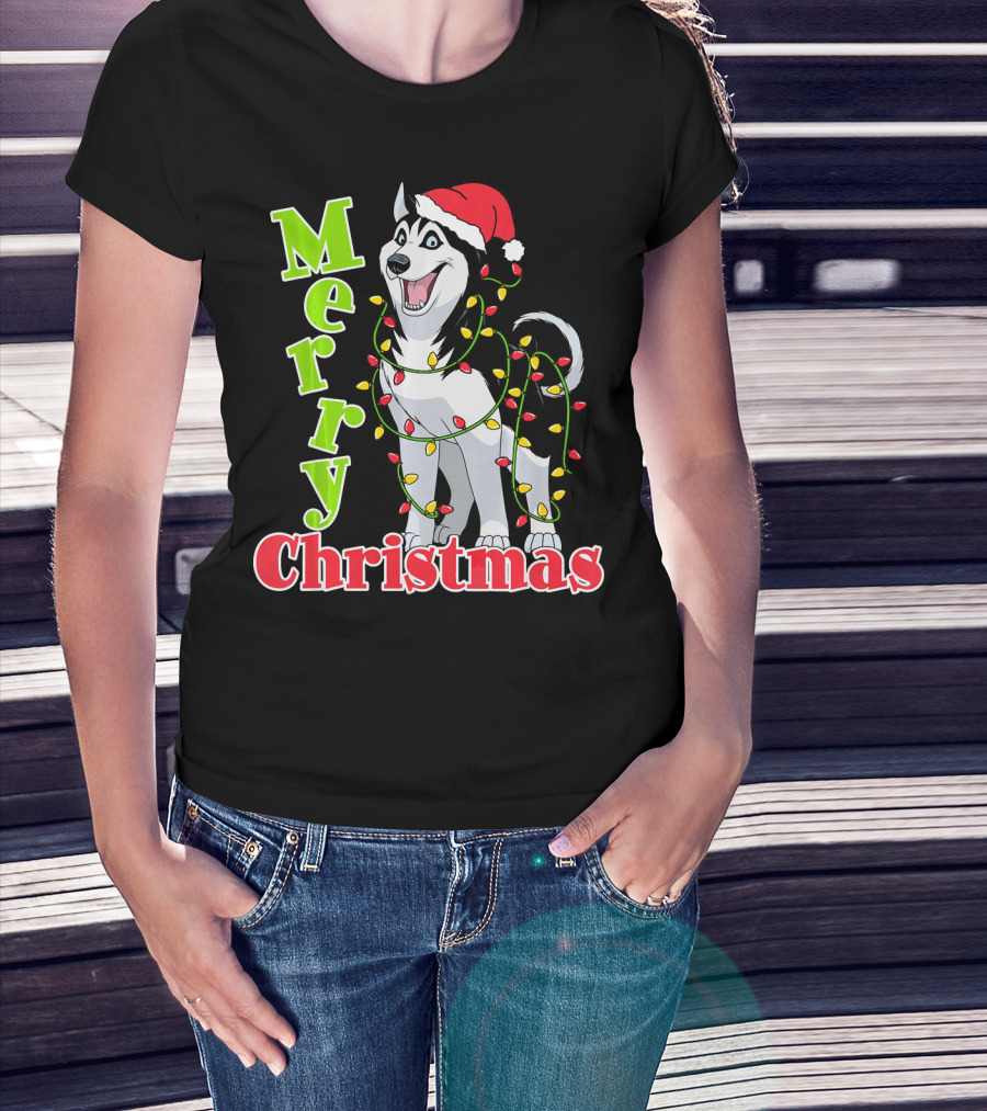 Merry Christmas Husky Festive Lights Holiday Santa Hat T-Shirt
