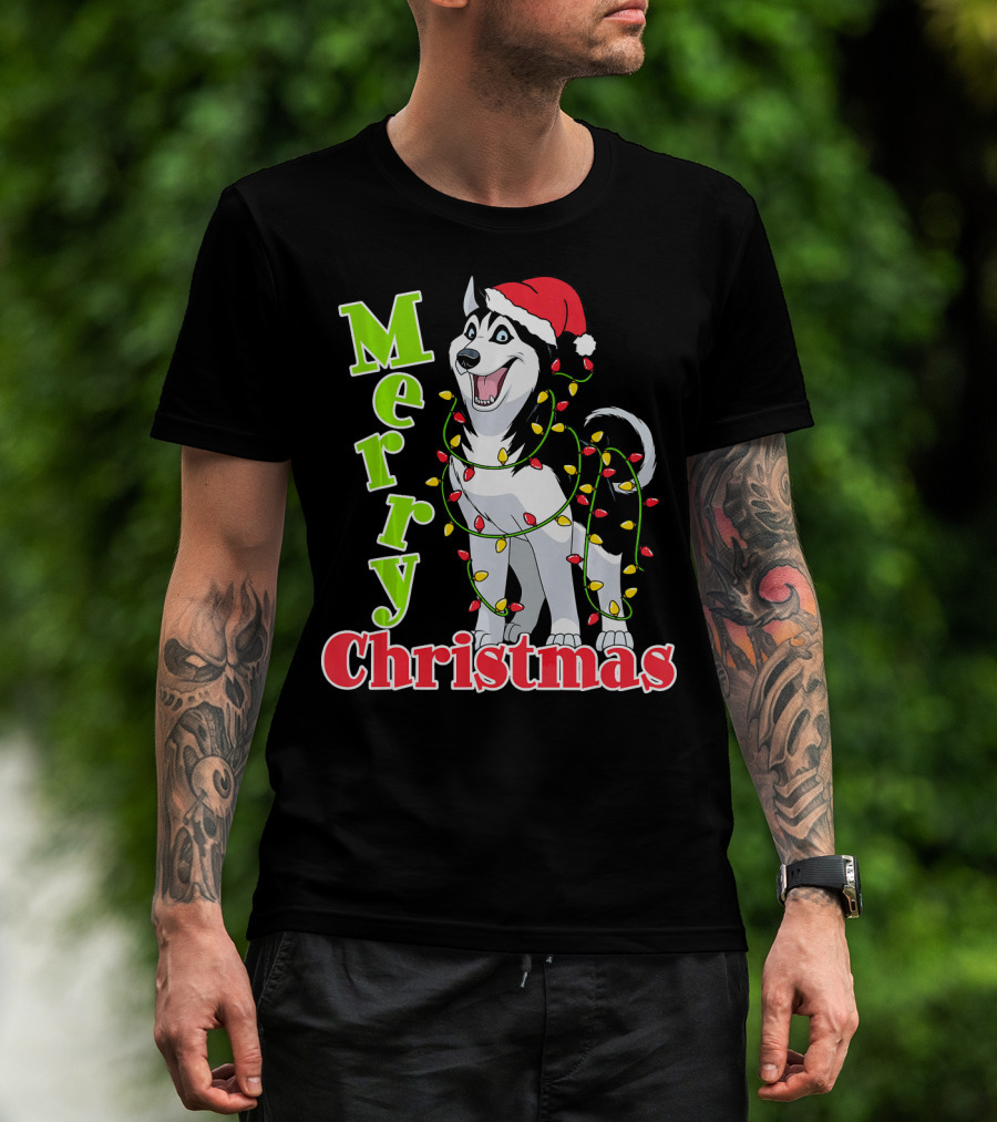 Merry Christmas Husky Festive Lights Holiday Santa Hat T-Shirt