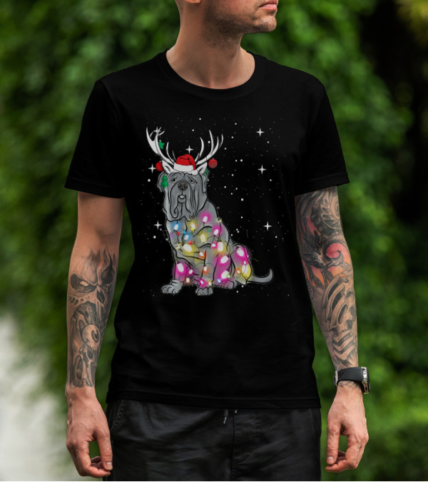Neapolitan Mastiff With Christmas Lights And Santa Hat In Snowy Night T-Shirt